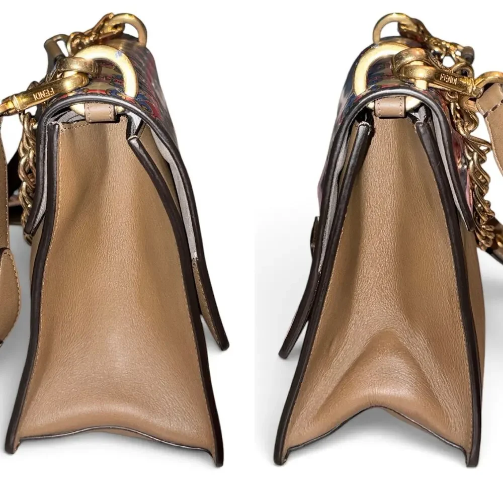 Fendi Kan I Medium FF Logo Print Flap Shoulder Bag Gold Chain Crossbody Khaki